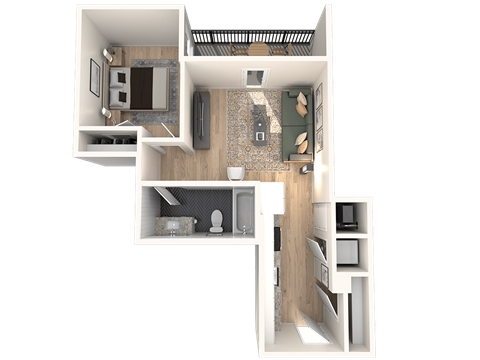 A 3D floor plan of a small apartment with a kitchen, living room, and bathroom.